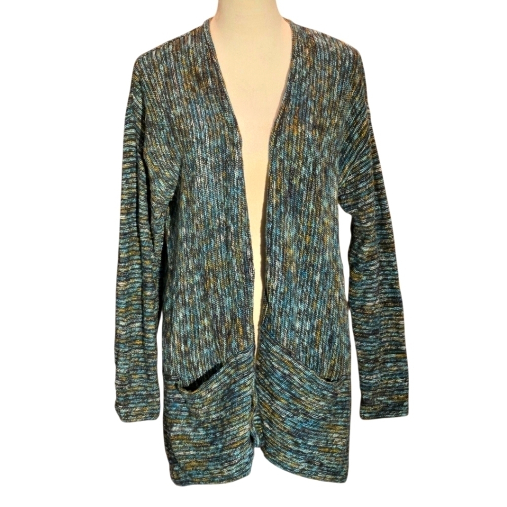J Jill Cardigan Sweater Green Textured Knit Boho Lagenlook Marled Women's M